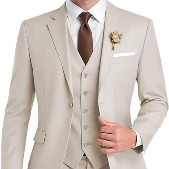 Wangyue Beige  Mens Suit 3 Piece Slim Fit Formal Business Wedding Sz XXL New - Picture 1 of 10